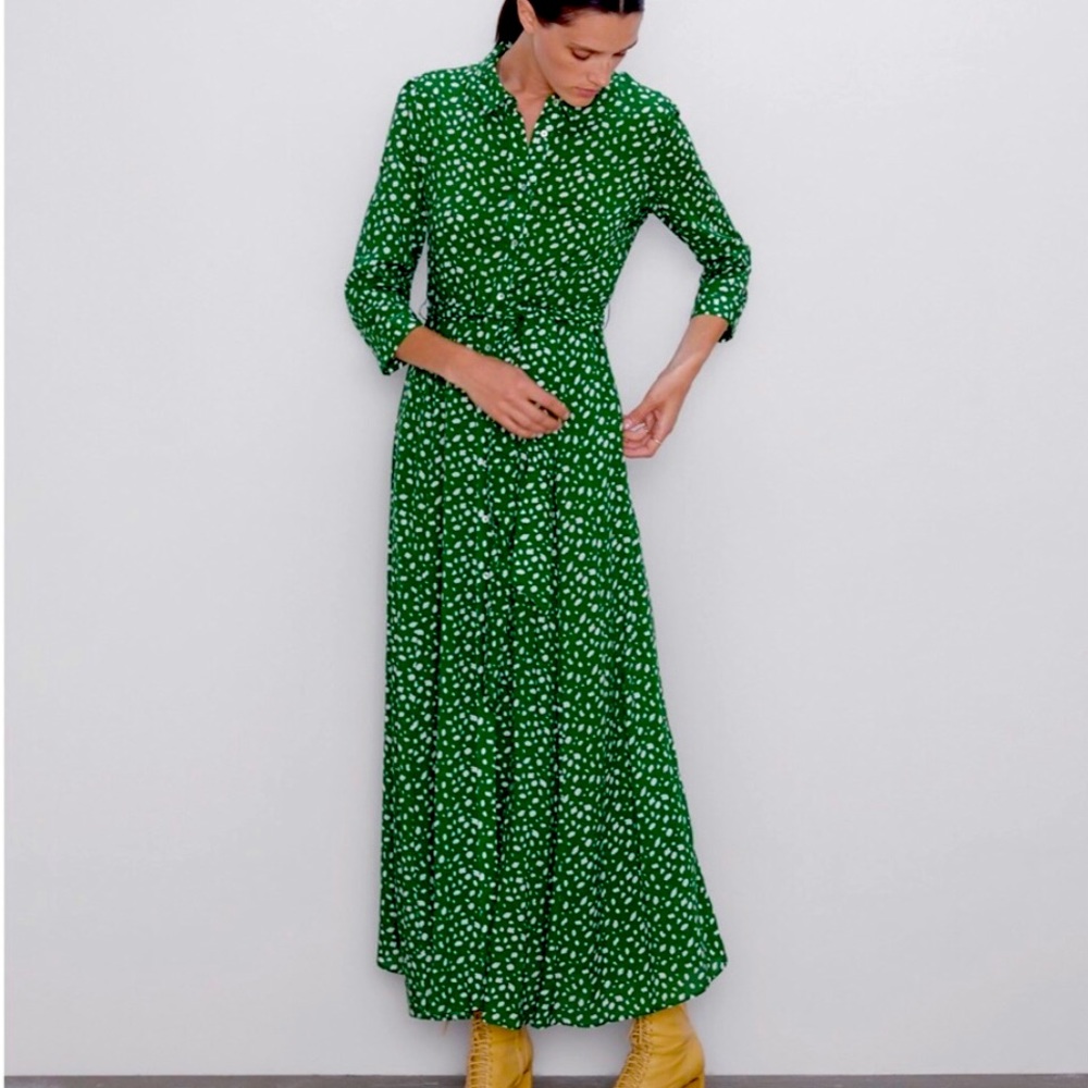 Zara XL green printed collared shirt long dress with front buttons